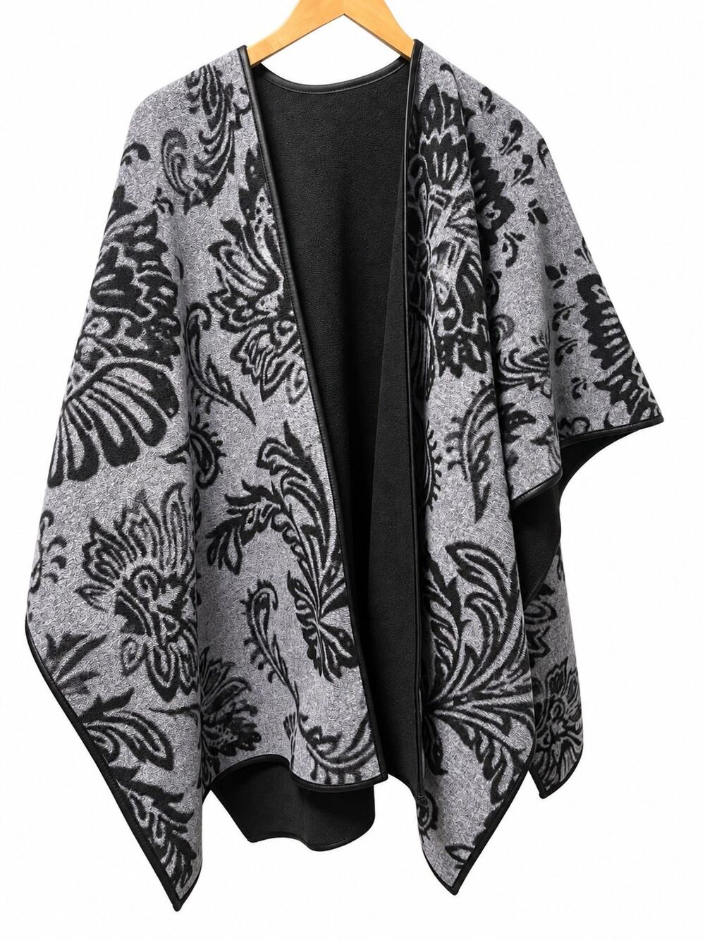Womens Gray Black Floral Poncho Cape Reversible Open Front Wrap One Size